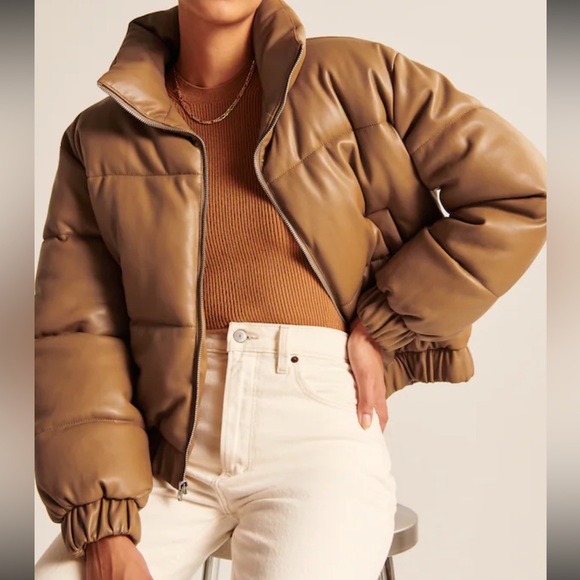 NWT Abercrombie & Fitch Ultra Mini Puffer Camel Vegan Faux Leather Bomber Sz XL - Picture 3 of 13